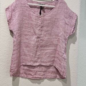 Flax Pink Striped Linen Scoop Neck Short Sleeve Top